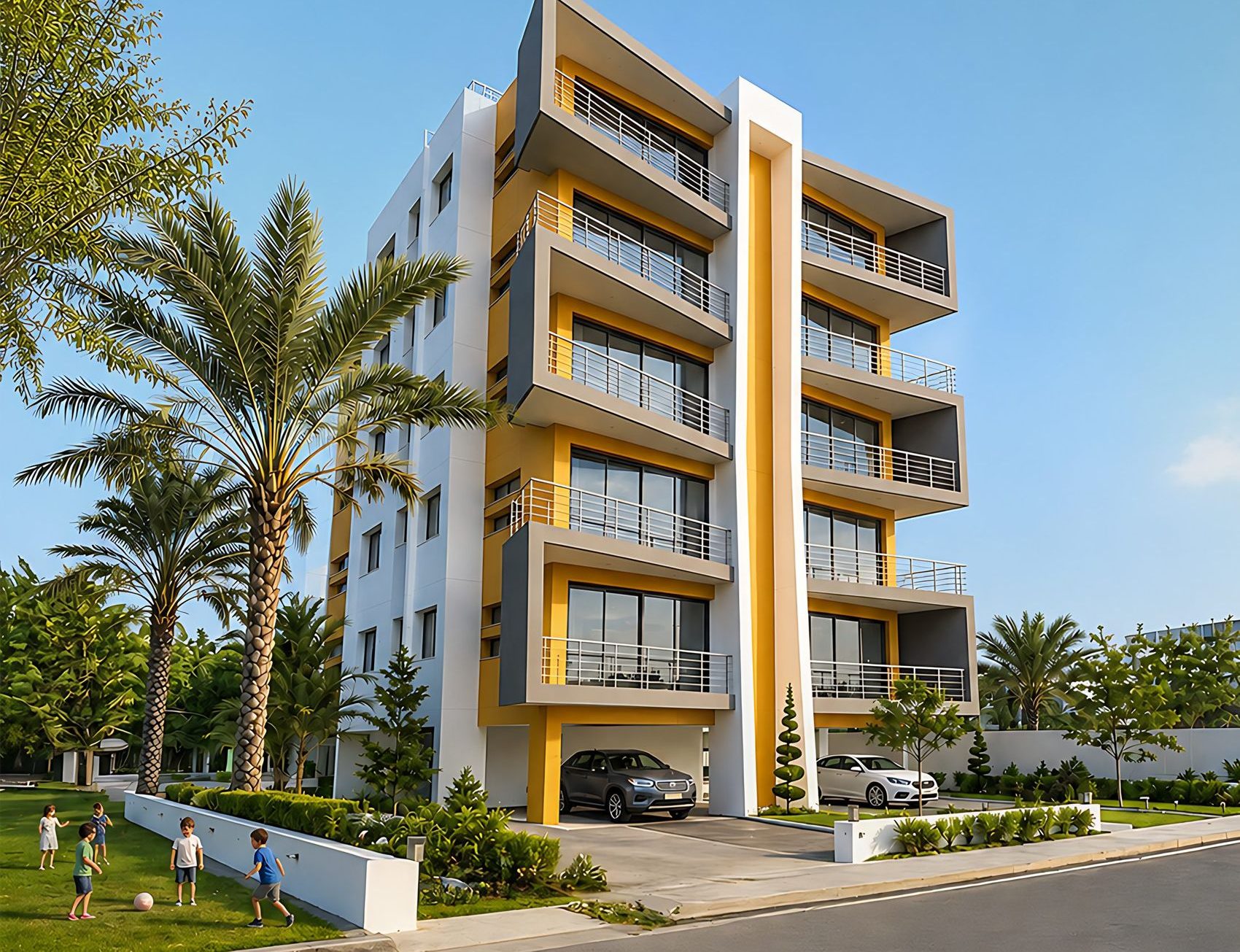 Tamamlanmış modern apartman gündüz görseli
