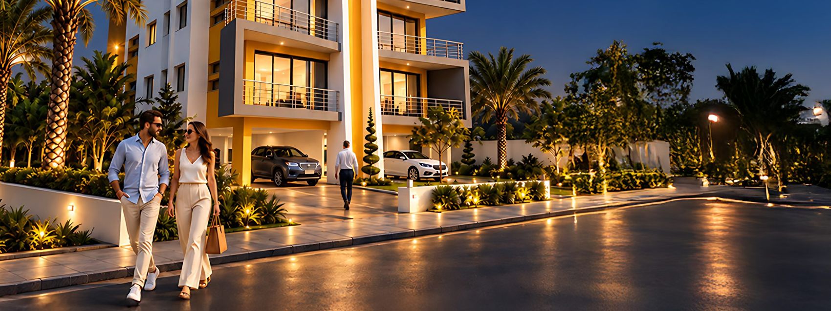 Gece aydınlatmalı yürüyüş yolu ve peyzaj